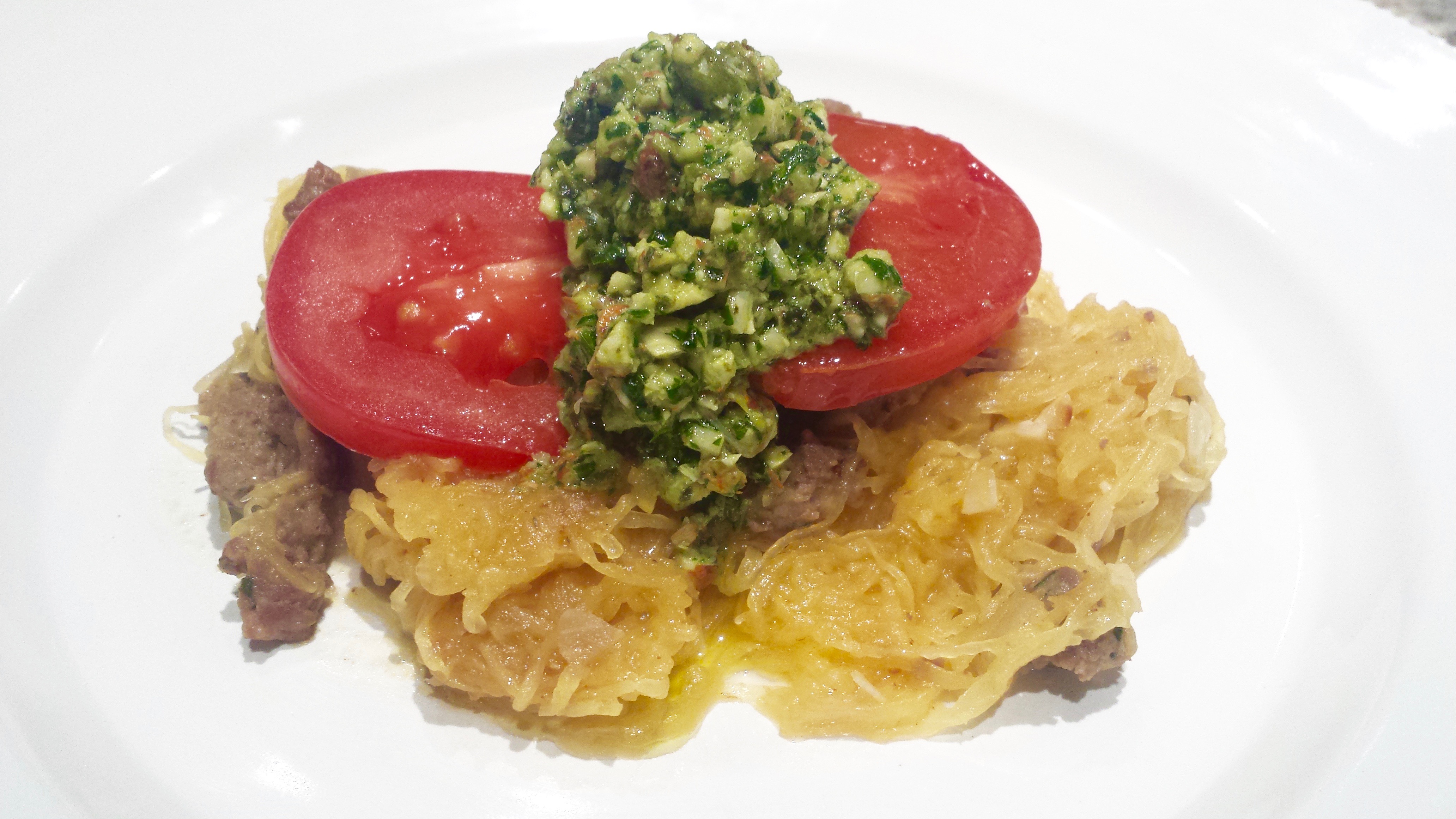 Spaghetti Squash with Lamb and Almond Salsa Verde